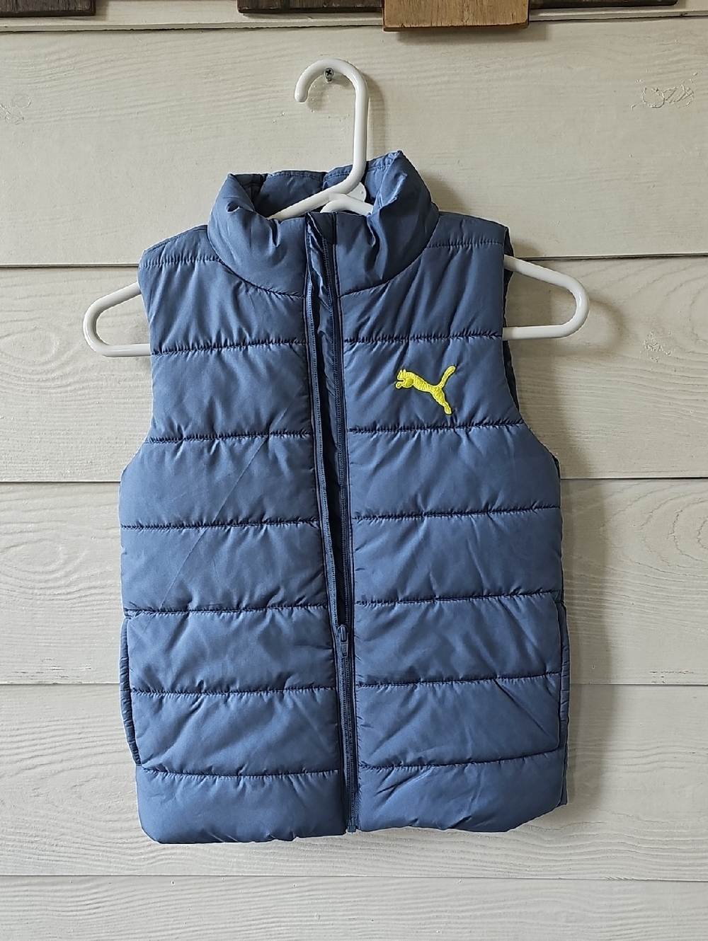Puma Youth Boys Puffer Vest Blue Full Zip Size 7/8 Yellow Logo